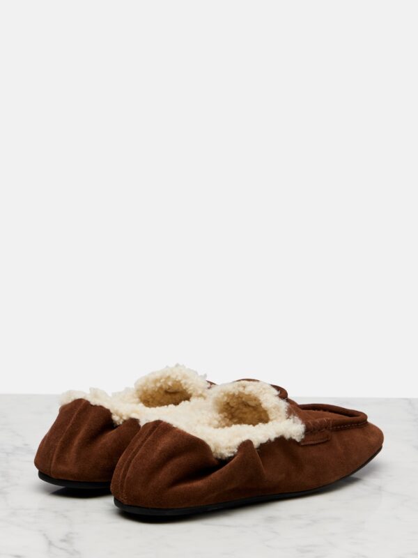 Miu Miu Ruches Shearling-Lined Suede Penny Loafers – Brown 2