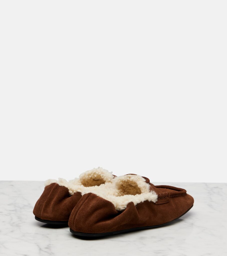 Miu Miu Ruches Shearling-Lined Suede Penny Loafers – Brown 2
