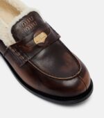 Miu Miu Shearling-Lined Leather Penny Loafers – Brown 6