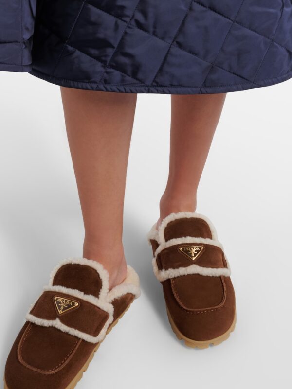 Prada Shearling-Lined Suede Mules – Brown 2