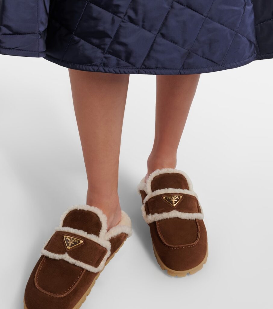 Prada Shearling-Lined Suede Mules – Brown 2