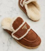 Prada Shearling-Lined Suede Mules – Brown 6