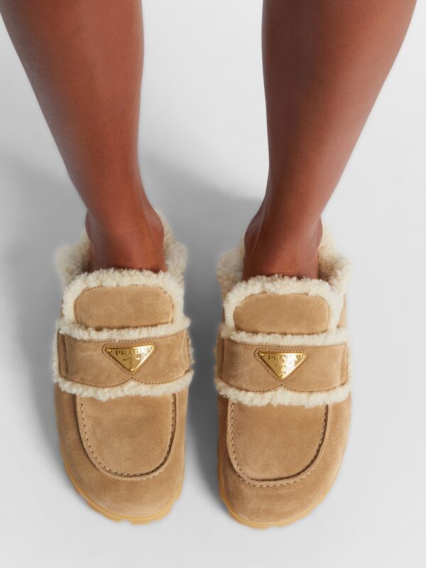 Prada Shearling-Lined Suede Mules – Beige 2