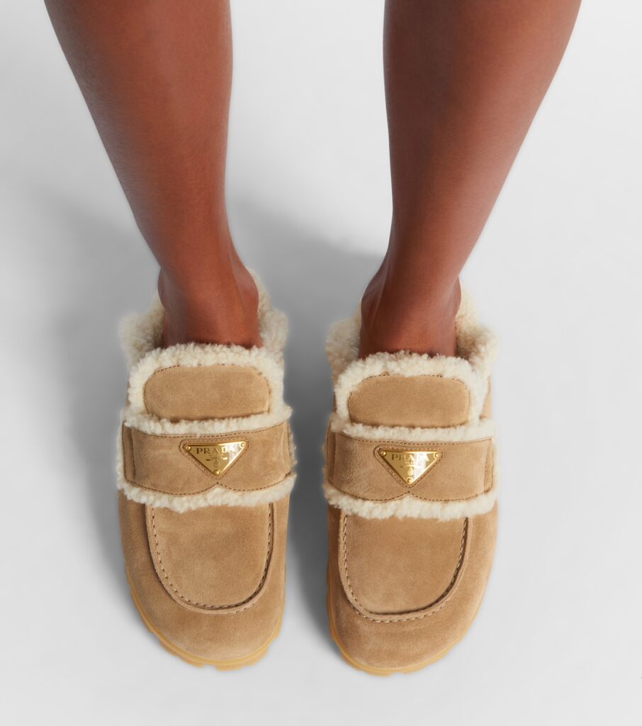 Prada Shearling-Lined Suede Mules – Beige 2