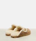 Prada Shearling-Lined Suede Mules – Beige 4