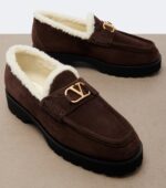 Valentino Garavani VLogo Shearling-Trimmed Suede Platform Loafers – Brown 6