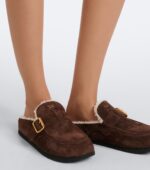 Prada Shearling-Lined Suede Buckle Mules – Dark Brown 3