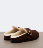 Prada Shearling-Lined Suede Buckle Mules – Dark Brown 4