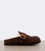 Prada Shearling-Lined Suede Buckle Mules – Dark Brown 5