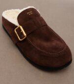 Prada Shearling-Lined Suede Buckle Mules – Dark Brown 6