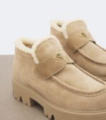 Prada Shearling-Trimmed Suede Platform Ankle Boots – Beige 6