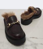 Gucci Rhody Shearling-Lined Leather Platform Mules – Burgundy 6