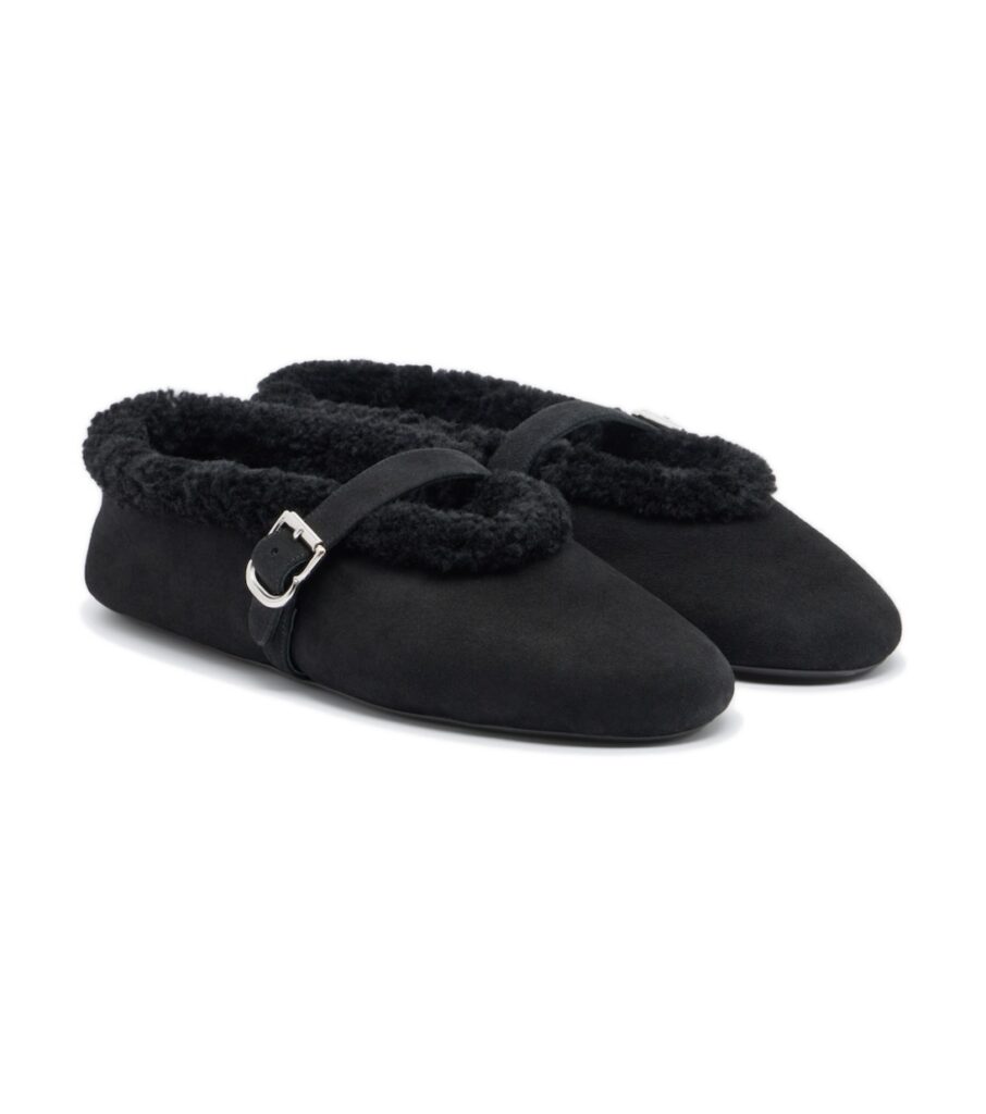 Alaïa Shearling-Trimmed Suede Mary Jane Flats – Black