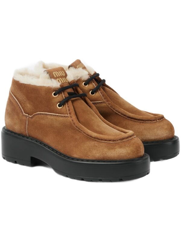 Miu Miu Chunky Shearling-Trimmed Leather Flats – Brown