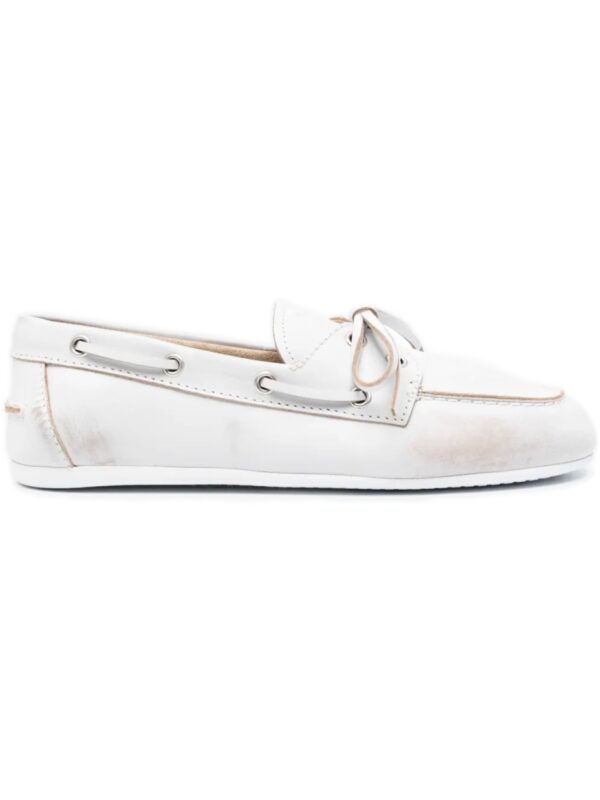 Miu Miu Distressed Leather Boat Shoes – White