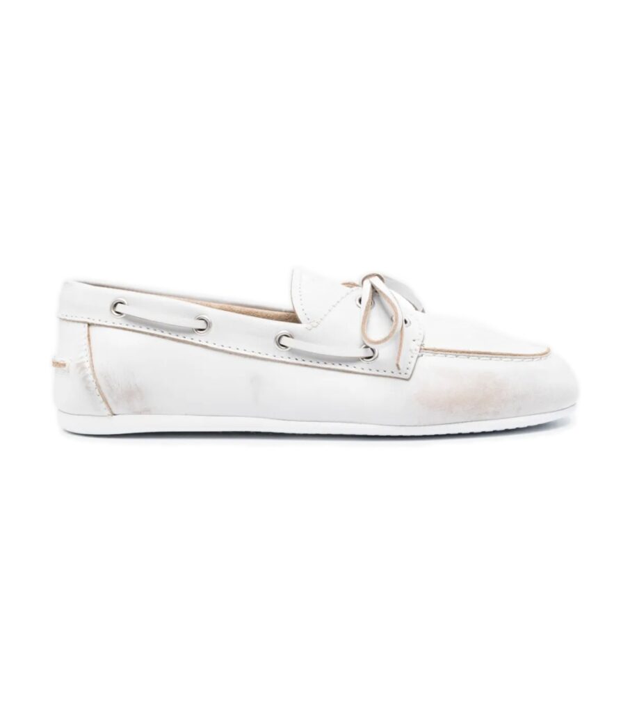 Miu Miu Distressed Leather Boat Shoes – White