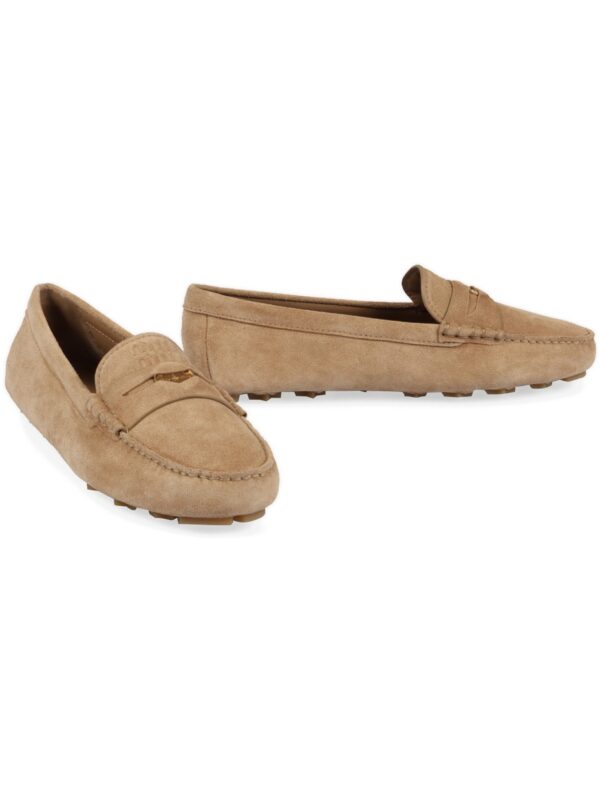 Miu Miu Logo-Embossed Suede Loafers – Ecru