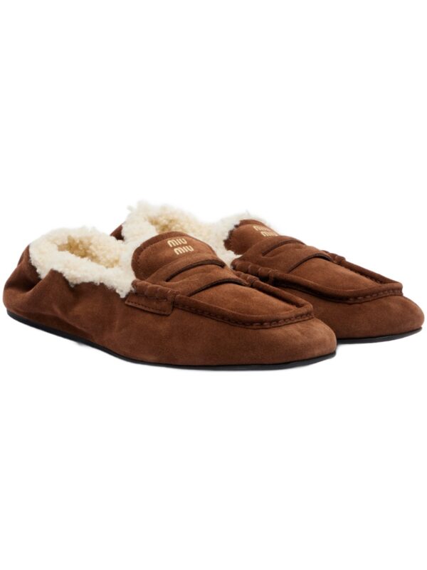 Miu Miu Ruches Shearling-Lined Suede Penny Loafers – Brown