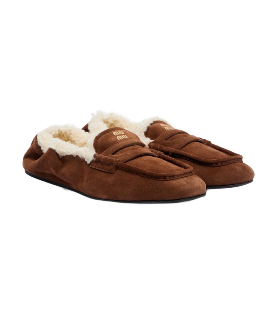 Miu Miu Ruches Shearling-Lined Suede Penny Loafers – Brown