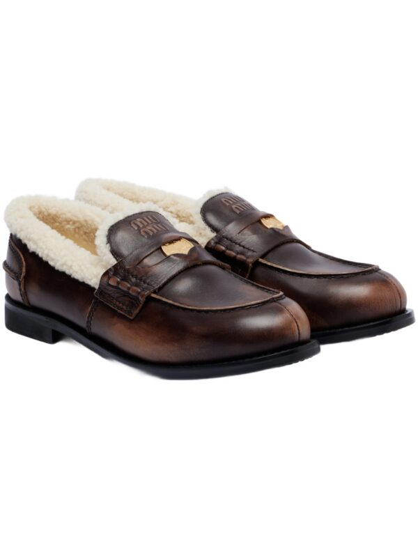 Miu Miu Shearling-Lined Leather Penny Loafers – Brown