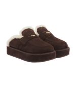Miu Miu Shearling-Lined Suede Platform Mules – Brown