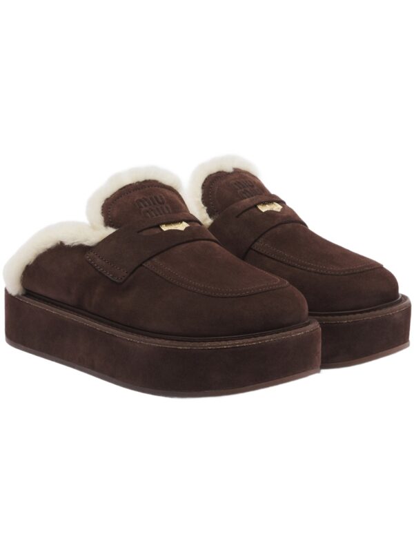 Miu Miu Shearling-Lined Suede Platform Mules – Brown