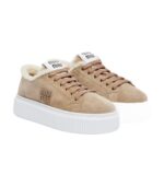 Miu Miu Shearling-Lined Suede Platform Sneakers – Brown