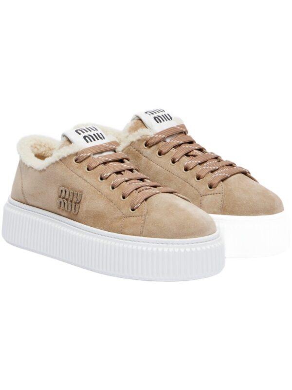 Miu Miu Shearling-Lined Suede Platform Sneakers – Brown