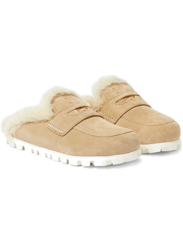 Miu Miu Shearling-Lined Suede Slippers – Beige