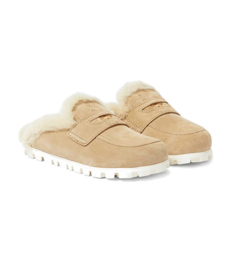 Miu Miu Shearling-Lined Suede Slippers – Beige