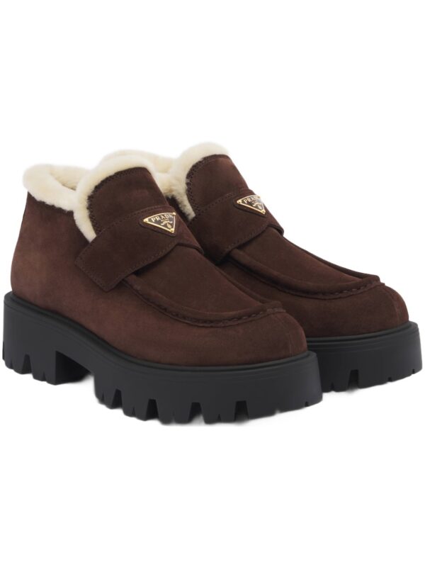 Prada Logo Shearling-Lined Suede Ankle Boots – Brown