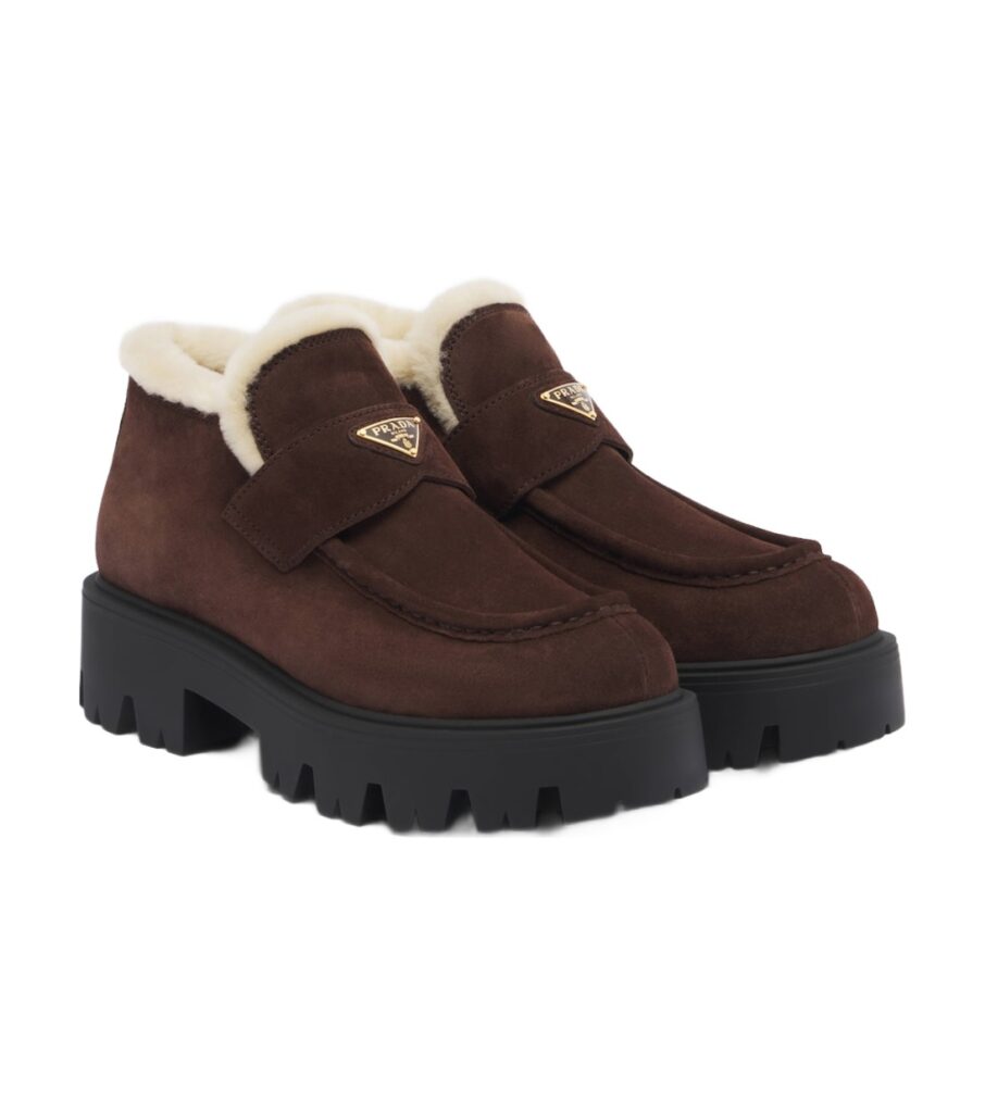 Prada Logo Shearling-Lined Suede Ankle Boots – Brown