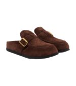 Prada Shearling-Lined Suede Buckle Mules – Dark Brown
