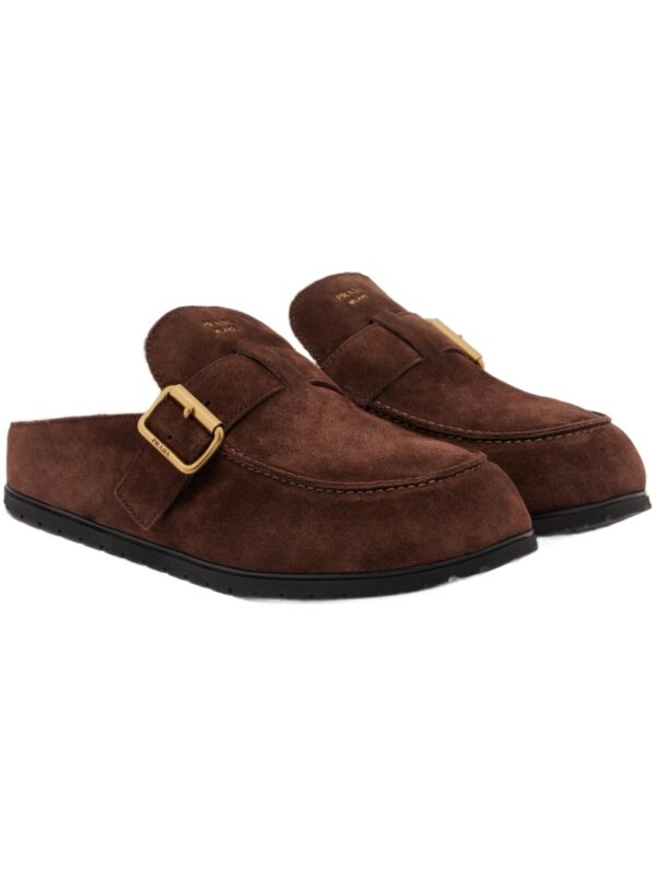 Prada Shearling-Lined Suede Buckle Mules – Dark Brown