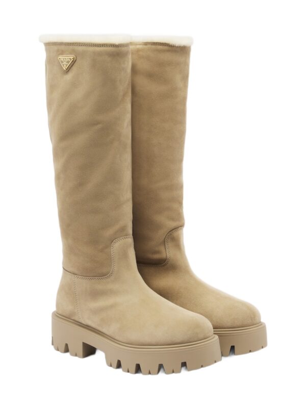 Prada Shearling-Lined Suede Knee-High Boots – Beige