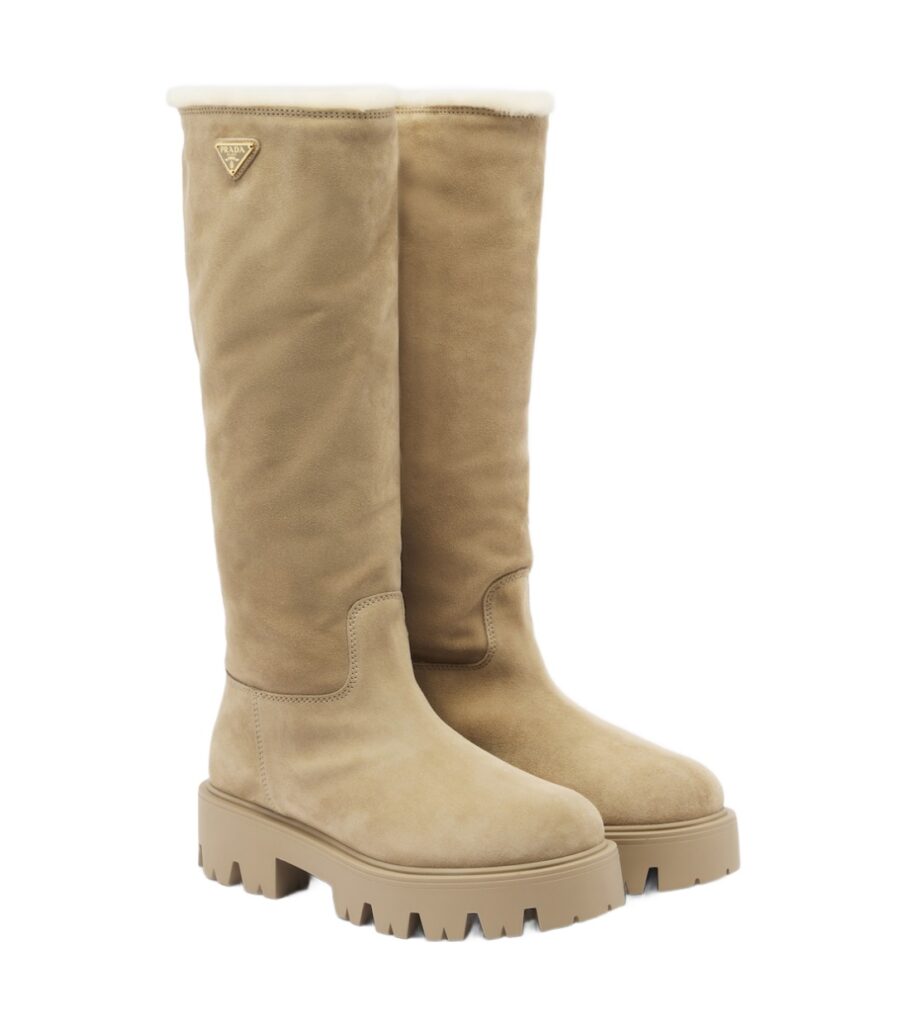 Prada Shearling-Lined Suede Knee-High Boots – Beige