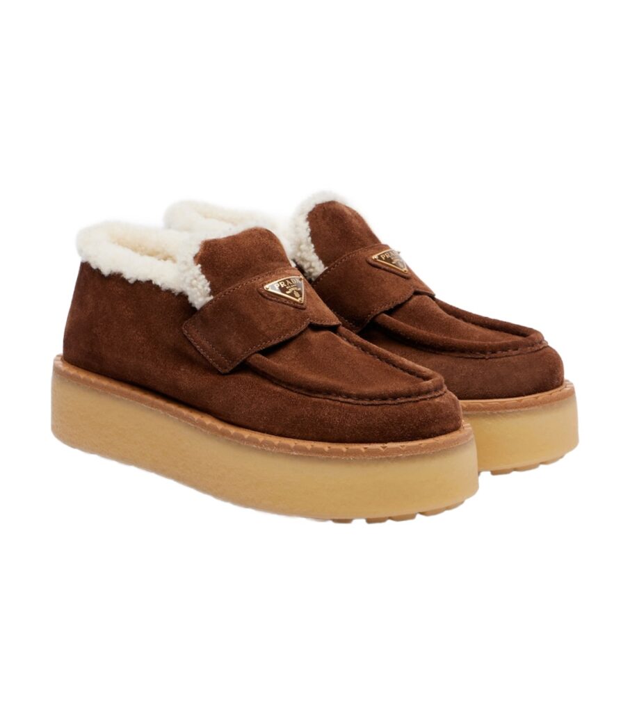 Prada Shearling-Lined Suede Loafers – Brown