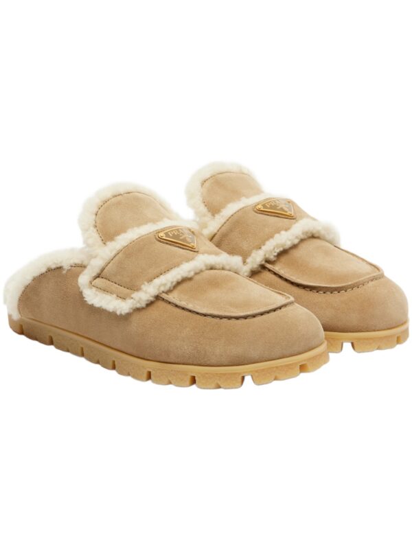Prada Shearling-Lined Suede Mules – Beige