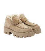 Prada Shearling-Trimmed Suede Platform Ankle Boots – Beige
