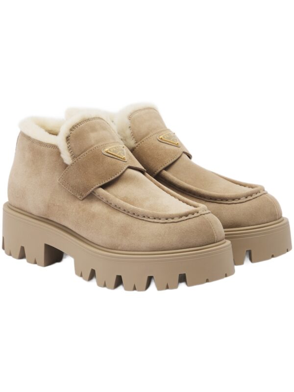 Prada Shearling-Trimmed Suede Platform Ankle Boots – Beige