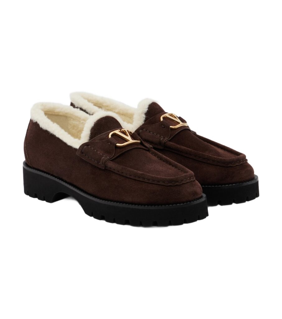 Valentino Garavani VLogo Shearling-Trimmed Suede Platform Loafers – Brown